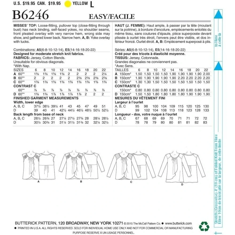 Butterick Sewing Pattern 6246 Top Blouse Tunic Misses Size 6-14